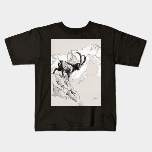 Alpine Ibex on rock Kids T-Shirt by SakalDesign